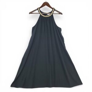 Calvin Klein Women 18 A Line Dress Polyester Black Gold Chain Elegant Minimalist